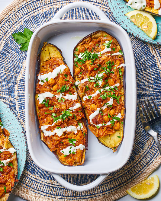 Harissa Rice Stuffed Eggplant