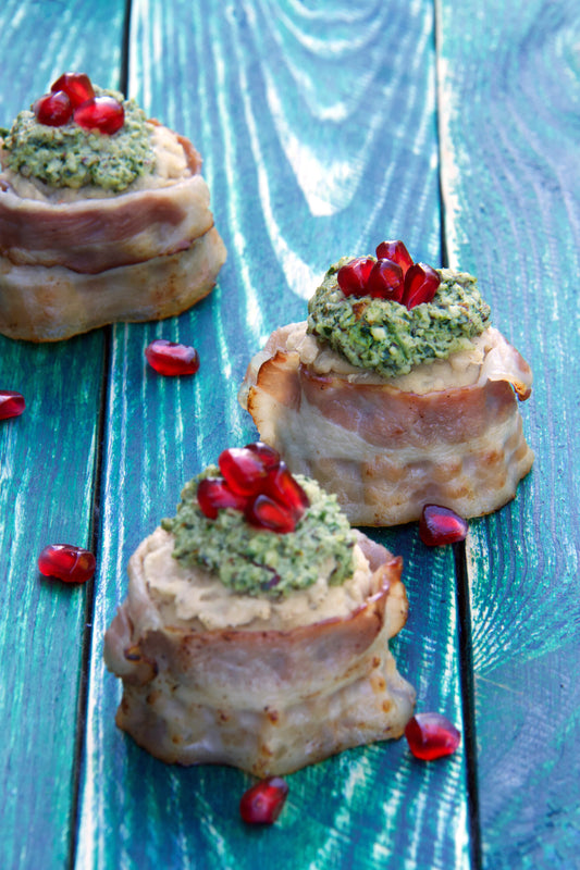 Bean balls with coriander pesto and bacon