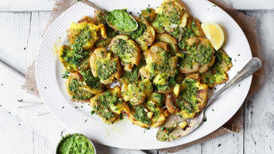 Crispy Smashed Potatoes with Garlic Pesto