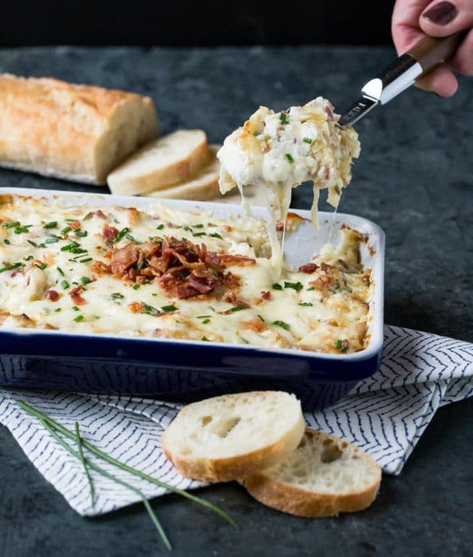 Warm-Gruyere-Bacon-and-Caramelized-Onion-Dip||Beer-Pretzel-Cheese-Ball-Recipe||Holiday Apps So Good, Your Guests Will Never Leave||Holiday Apps So Good, Your Guests Will Never Leave||Pomegranate-Arancini-with-Goat-Cheese-Fonduta